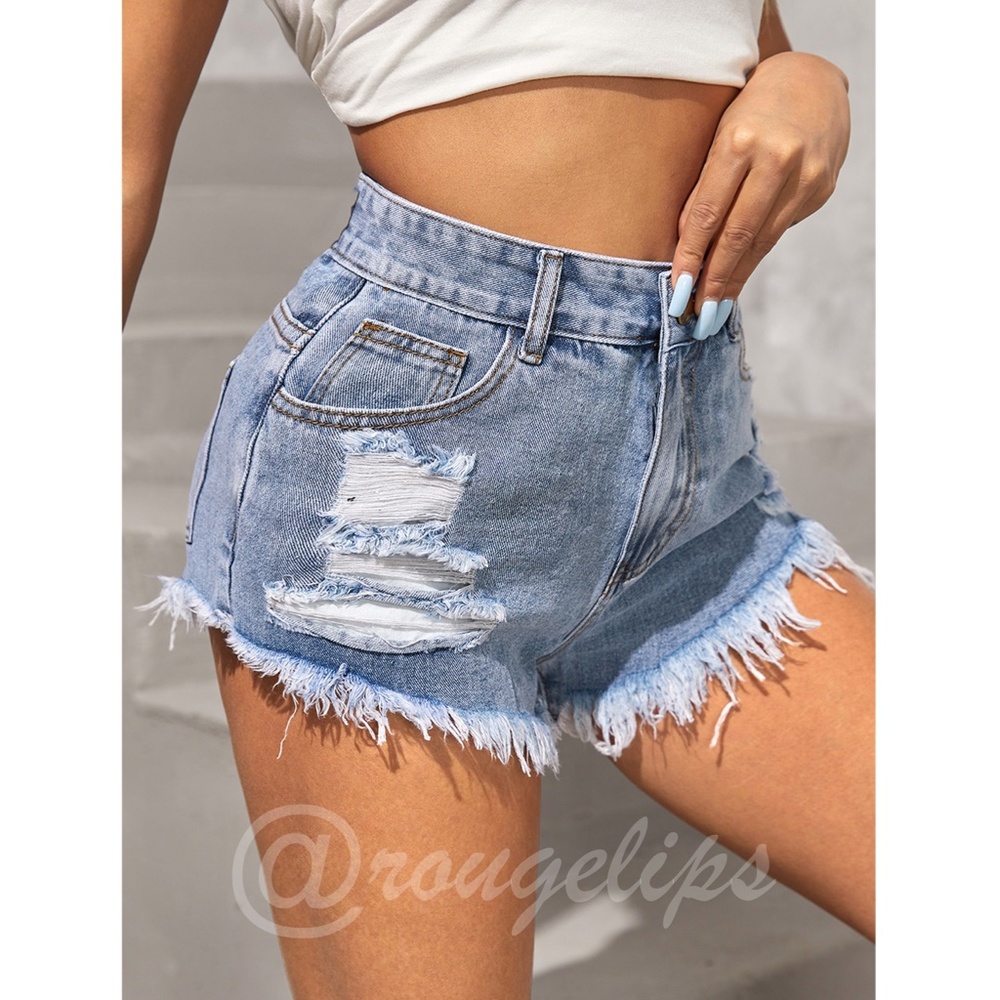 Light Wash Blue Denim Shorts Distressed Ripped High Waist Raw Hem - Picture 5 of 15